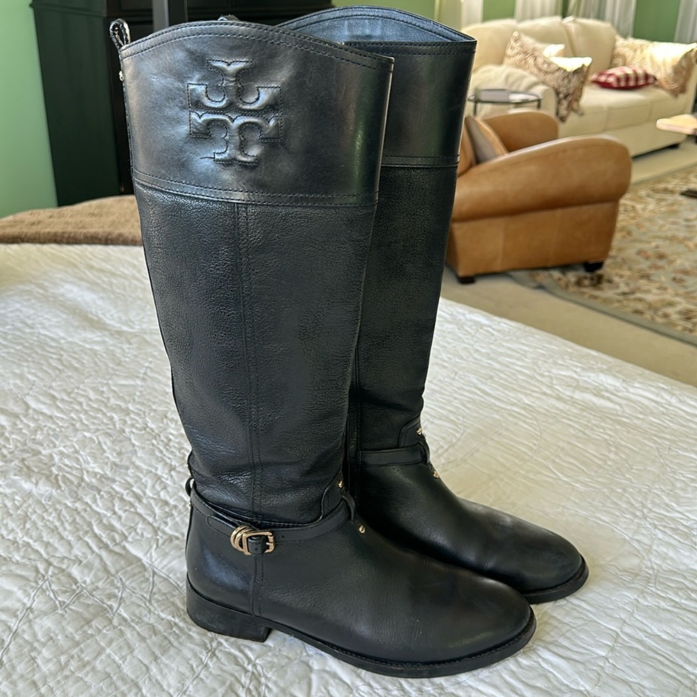 Black Leather Tori Burch Riding Boots with Gold detail